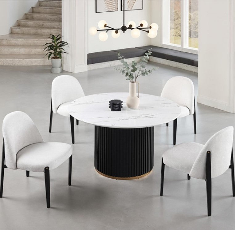 Arleto Modern Black White Top Round Dining Table Dining table set with white chairs in a modern living room.