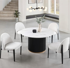 Arleto Modern Black White Top Round Dining Table Dining table set with white chairs in a modern living room.