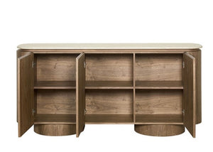 Arleto Modern Walnut Oval Server Wooden sideboard with open doors on a white background