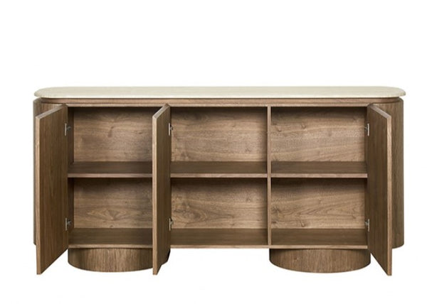 Arleto Modern Walnut Oval Server Wooden sideboard with open doors on a white background