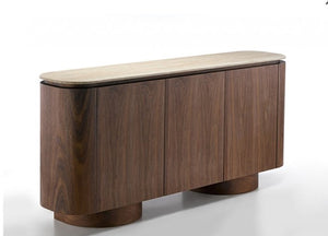 Arleto Modern Walnut Oval Server Wooden sideboard with a light wood top on a white background