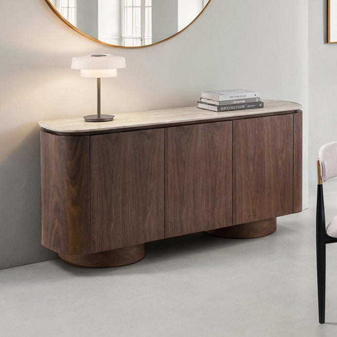 Arleto Modern Walnut Oval Server Wooden sideboard with marble top in a modern interior setting