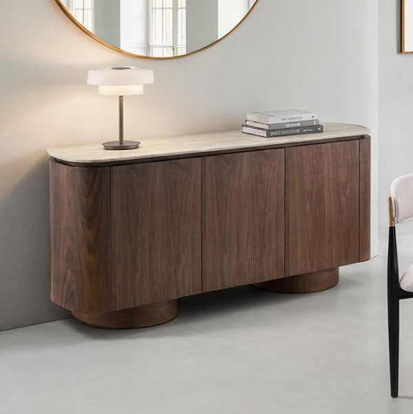Arleto Modern Walnut Oval Server Wooden sideboard with marble top in a modern interior setting