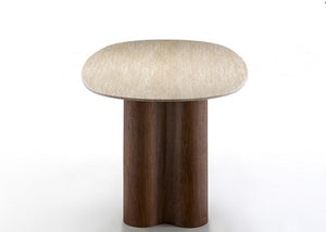 Arleto Modern Walnut Oval Dining Table Stool with a textured beige top and dark wooden legs on a white background
