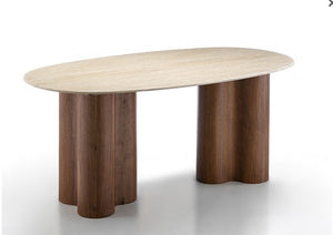 Arleto Modern Walnut Oval Dining Table Wooden table with a light wooden top and dark wooden legs on a white background