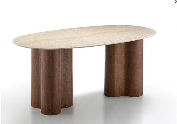 Arleto Modern Walnut Oval Dining Table Wooden table with a light wooden top and dark wooden legs on a white background
