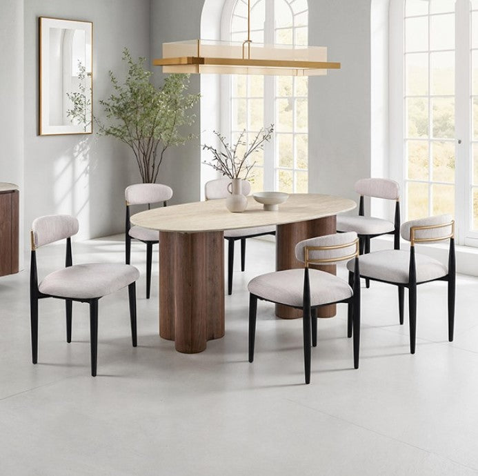 Arleto Modern Walnut Oval Dining Table Dining room with a round wooden table and chairs in a bright room.