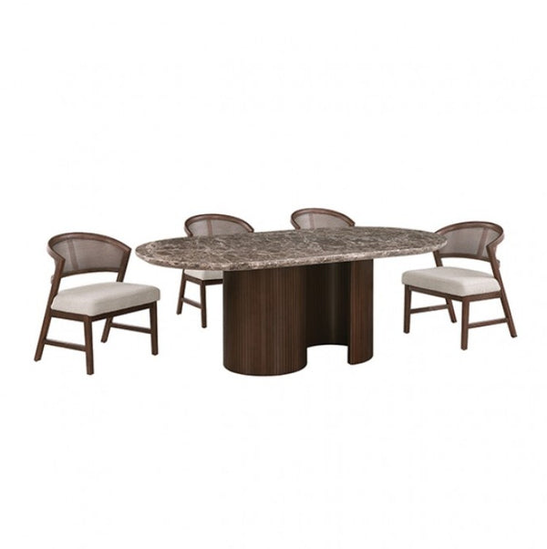Artemos Contemporary Dark Brown Oval Dining Table An oval dining table with a dark brown fluted pedestal base and a gray-brown marble-patterned top, surrounded by four matching armchairs with cream upholstered seats and dark wood frames, shown on a plain white background.