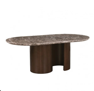 Artemos Contemporary Dark Brown Oval Dining Table An oval dining table featuring a textured gray and brown marble top with a dark brown fluted pedestal base, shown against a plain white background.