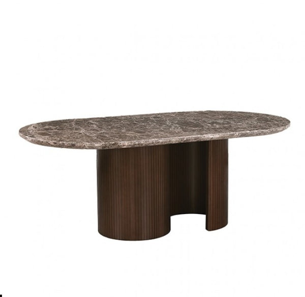 Artemos Contemporary Dark Brown Oval Dining Table An oval dining table featuring a textured gray and brown marble top with a dark brown fluted pedestal base, shown against a plain white background.