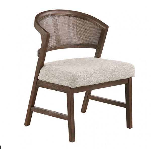Artemos Contemporary Dark Brown Rattan Back Chair A modern accent chair with a curved dark brown wooden frame, a woven cane backrest, and a textured cream bouclé seat cushion, shown on a plain white background.