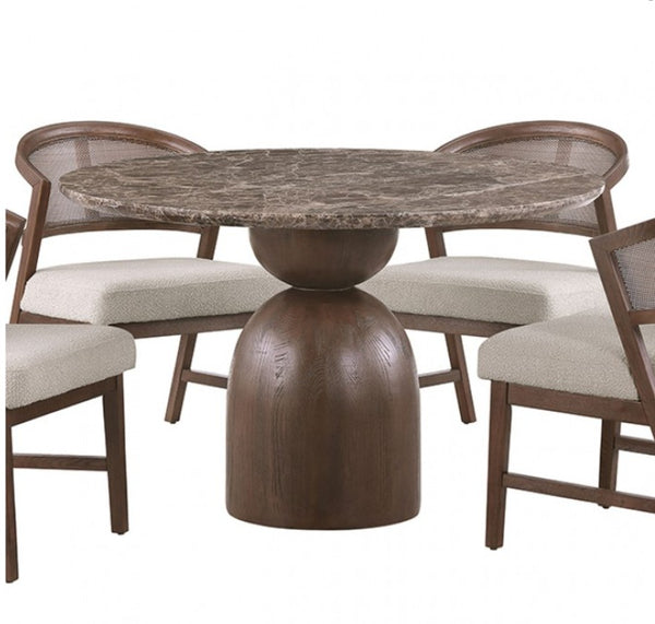 Artemos Contemporary Dark Brown Round Dining Table A 5-piece dining set featuring a round stone-top pedestal table and four matching chairs with upholstered cream seats and dark wood frames, shown on a plain white background.