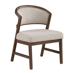 Artemos Contemporary Dark Brown Upholstered Chair A modern dining chair with a curved backrest and a square seat, featuring dark brown wood framing and textured light beige bouclé upholstery, shown on a plain white background.