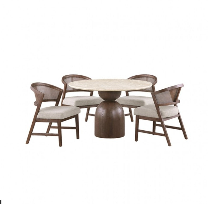 Artemos Contemporary Light Beige Round Dining Table Round dining table with a light beige stone top and a dark brown sculptural pedestal base, accompanied by two woven-back chairs with cream upholstered seats, shown in a softly lit dining room.