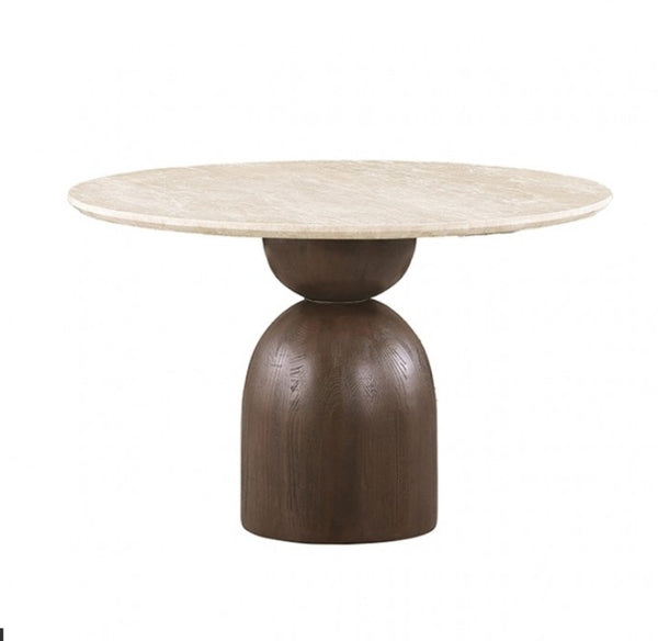 Artemos Contemporary Light Beige Round Dining Table A round pedestal dining table featuring a light beige marble top and a dark brown wooden base, shown against a plain white background.