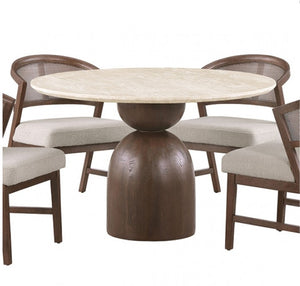 Artemos Contemporary Light Beige Round Dining Table A round dining table set with a light beige marble-look top and a dark brown pedestal base, surrounded by four matching wooden chairs with woven backs and light beige upholstered seats, shown on a white background.