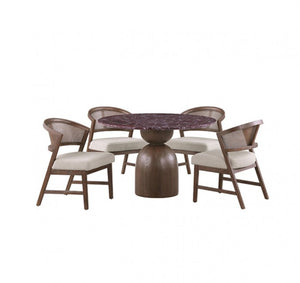 Artemos Contemporary Red Round Dining Table A 5-piece dining set featuring a round dark wood pedestal table with a purple marbled top and four matching armchairs with light beige upholstered seats and curved backs.