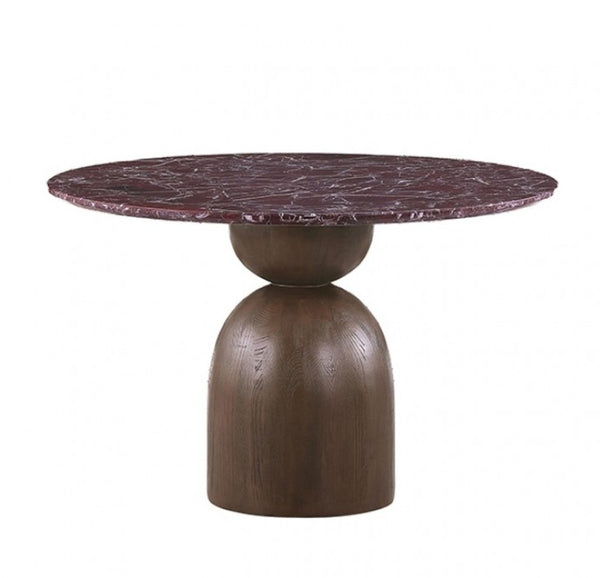 Artemos Contemporary Red Round Dining Table A round pedestal table featuring a dark reddish-brown marble top with white veining and a matching dark brown wooden base, shown against a plain white background.