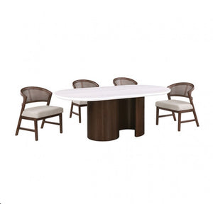 Artemos Contemporary White Oval Dining Table An oval dining table with a white top and a dark wood pedestal base, accompanied by four matching chairs with dark wood frames and light beige upholstered seats, shown on a plain white background.