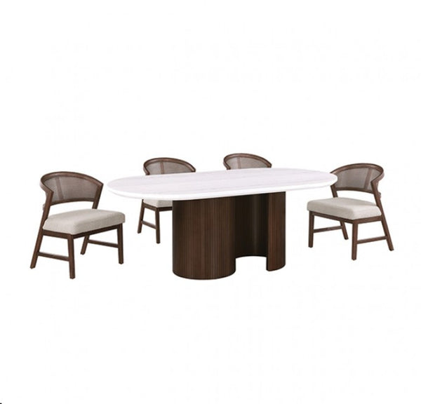 Artemos Contemporary White Oval Dining Table An oval dining table with a white top and a dark wood pedestal base, accompanied by four matching chairs with dark wood frames and light beige upholstered seats, shown on a plain white background.
