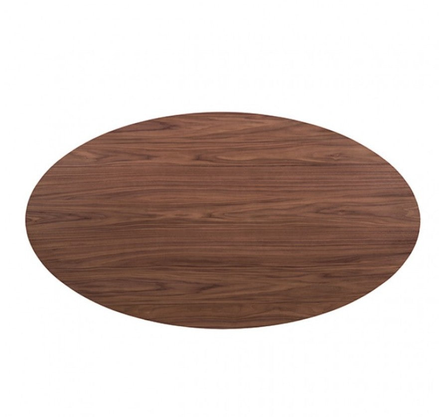 Artemos Mid Century Walnut Oval Dining Table A 7-piece wooden dining table set with six mid-century modern chairs featuring cream upholstered seats, arranged on a gray patterned rug in a bright, contemporary dining room.