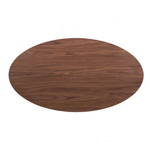 Artemos Mid Century Walnut Oval Dining Table An oval wooden table top with a dark brown walnut grain finish, shown from a top-down perspective on a solid white background.
