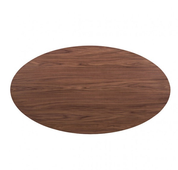 Artemos Mid Century Walnut Oval Dining Table An oval wooden table top with a dark brown walnut grain finish, shown from a top-down perspective on a solid white background.