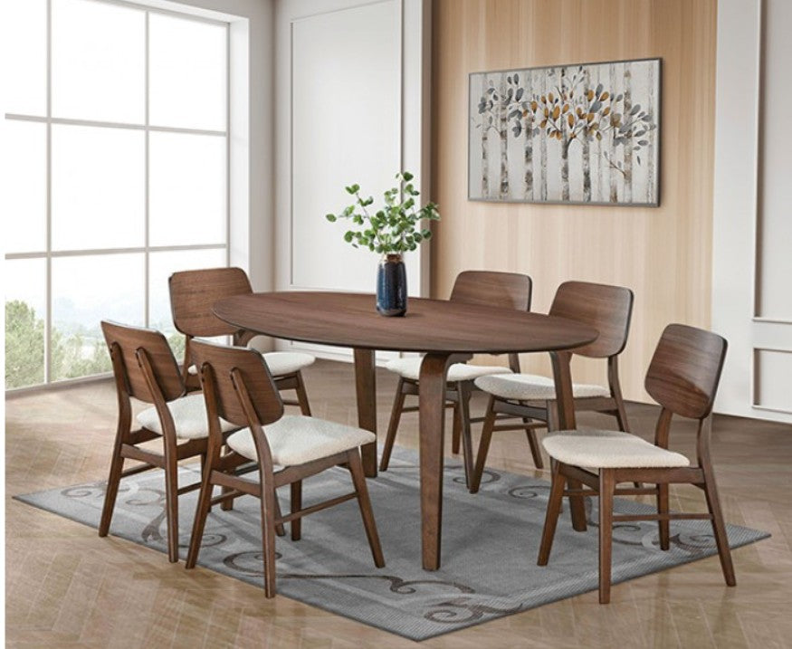 Artemos Mid Century Walnut Oval Dining Table A 7-piece wooden dining table set with six mid-century modern chairs featuring cream upholstered seats, arranged on a gray patterned rug in a bright, contemporary dining room.