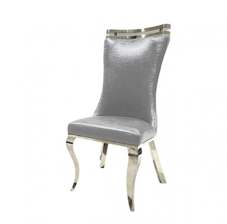 Asher Silver Gray Leatherette Dining Chair A modern dining chair with a textured silver-gray upholstered seat and backrest, supported by curved polished chrome legs and a matching chrome top frame, shown on a plain white background.