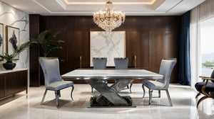 Asher Silver White Cross Shaped Glam Dining Table A luxury modern dining room featuring a rectangular white marble-top dining table with a polished chrome base, surrounded by six gray upholstered chairs. The room is decorated with a large crystal chandelier, dark wood paneling, and a marble wall art piece.