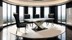 Asher Silver White Cross Shaped Glam Dining Table Modern dining table with chairs in a high-rise setting with city views
