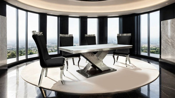 Asher Silver White Cross Shaped Glam Dining Table Modern dining table with chairs in a high-rise setting with city views