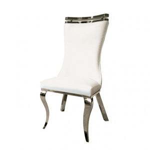 Asher Silver White Leatherette Dining Chair A modern high-back dining chair with white upholstered seat and backrest, and a polished silver metal frame and legs, shown against a plain white background.