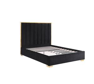 Ashysko Black Gold Fully Upholstered Bed A modern platform bed with a tall, vertically channel-tufted black headboard and matching black upholstered base, accented by gold-toned metal framing and legs, shown on a plain white background.