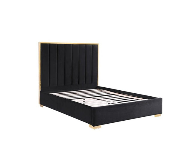 Ashysko Black Gold Fully Upholstered Bed A modern platform bed with a tall, vertically channel-tufted black headboard and matching black upholstered base, accented by gold-toned metal framing and legs, shown on a plain white background.