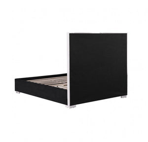Ashysko Black Silver Fully Upholstered Bed A modern platform bed frame with a tall, rectangular headboard and matching footboard in black fabric upholstery, supported by light wood slats, shown against a plain white background.