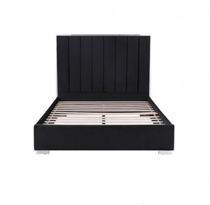 Ashysko Black Silver Fully Upholstered Bed A modern platform bed frame with a black upholstered headboard and base, supported by light-colored wooden slats, shown against a plain white background.