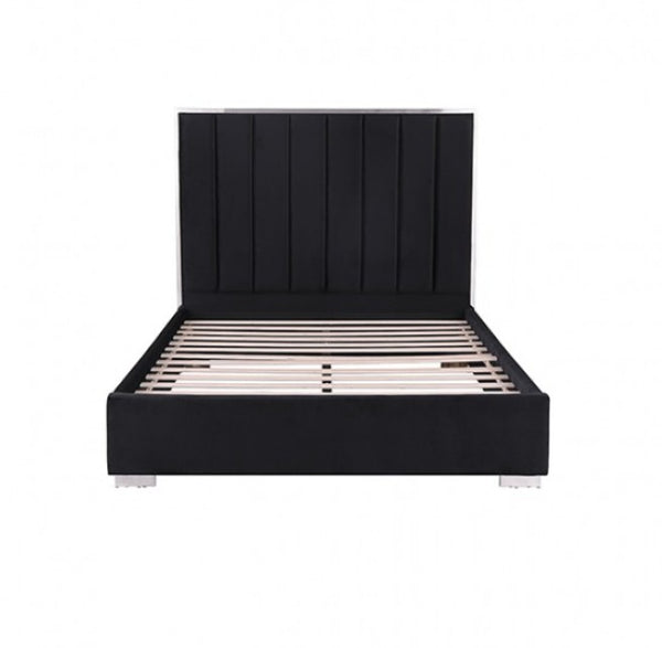 Ashysko Black Silver Fully Upholstered Bed A modern platform bed frame with a black upholstered headboard and base, supported by light-colored wooden slats, shown against a plain white background.