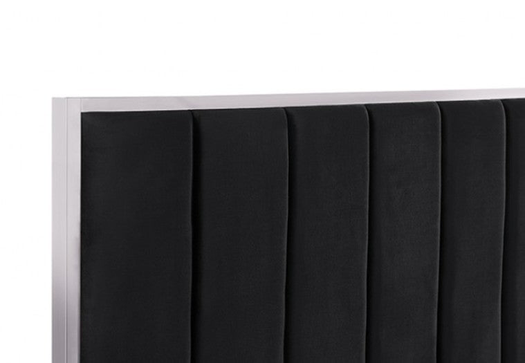Ashysko Black Silver Fully Upholstered Bed A modern bedroom featuring a black upholstered bed with a tall segmented headboard, black nightstands, silver lamps, and a large circular ring chandelier hanging above the bed.