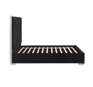 Ashysko Black Silver Fully Upholstered Bed A modern platform bed frame with a black upholstered base and headboard, supported by light natural wood slats, shown against a plain white background.