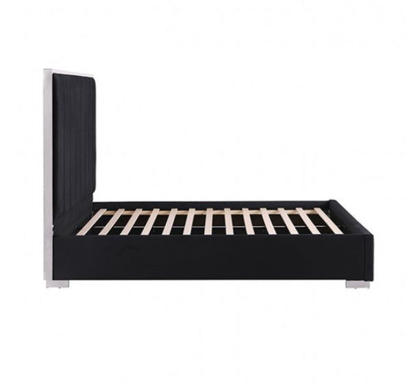 Ashysko Black Silver Fully Upholstered Bed A modern platform bed frame with a black upholstered base and headboard, supported by light natural wood slats, shown against a plain white background.