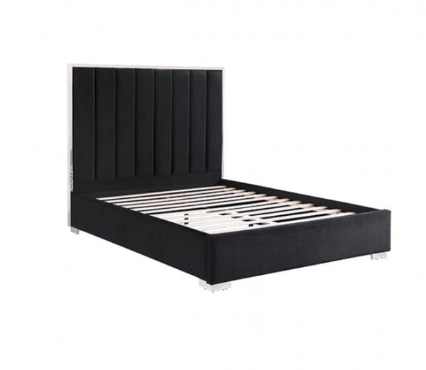 Ashysko Black Silver Fully Upholstered Bed Black upholstered bed frame with a tall vertical-paneled headboard and slatted base, shown on a plain white background.
