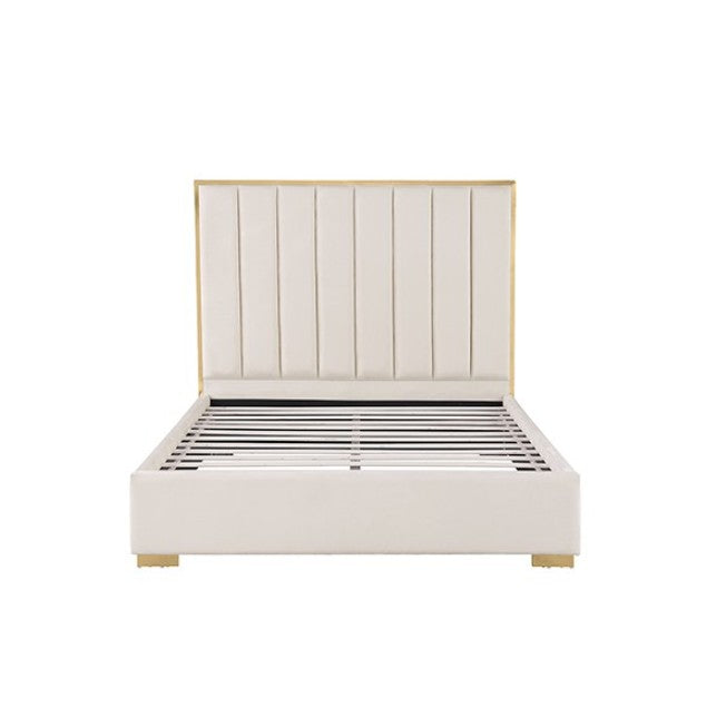Ashysko White Gold Fully Upholstered Bed A luxury modern bedroom featuring a white upholstered bed with gold trim, matching white nightstands, a large circular crystal chandelier, and beige walls and marble floors.