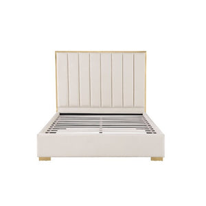 Ashysko White Gold Fully Upholstered Bed A modern platform bed with a tall, vertically slatted upholstered headboard and slatted base, finished in off-white with light gold trim and feet, shown on a plain white background.