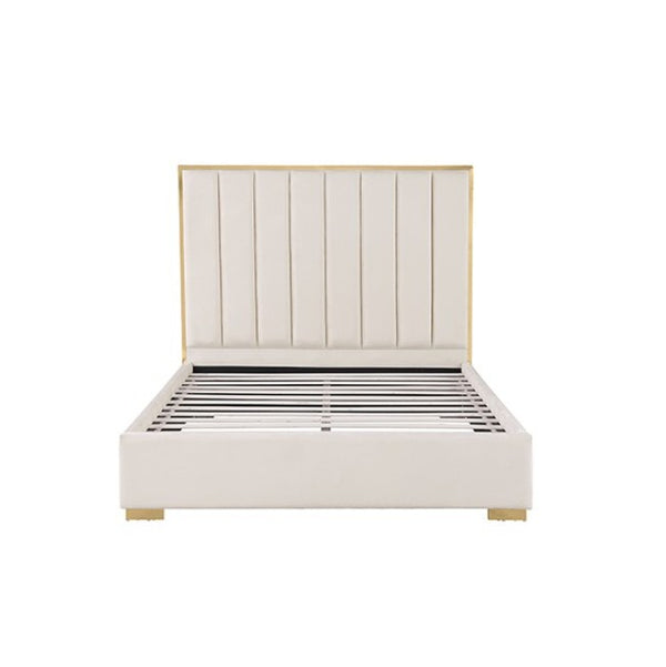 Ashysko White Gold Fully Upholstered Bed A modern platform bed with a tall, vertically slatted upholstered headboard and slatted base, finished in off-white with light gold trim and feet, shown on a plain white background.