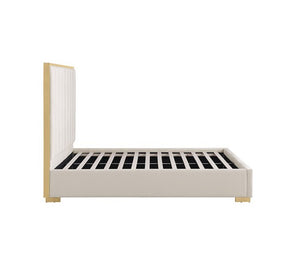 Ashysko White Gold Fully Upholstered Bed A modern platform bed frame with a light beige upholstered base and headboard, featuring a vertical channel-tufted headboard and gold-toned legs, shown on a plain white background.