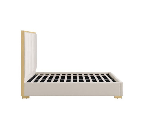 Ashysko White Gold Fully Upholstered Bed A modern platform bed frame with a light beige upholstered base and headboard, featuring a vertical channel-tufted headboard and gold-toned legs, shown on a plain white background.