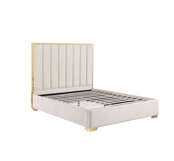 Ashysko White Gold Fully Upholstered Bed An upholstered bed frame with a tall, vertically channel-tufted headboard and matching footboard, finished in a light beige fabric with gold-toned metal legs and trim, shown on a plain white background.