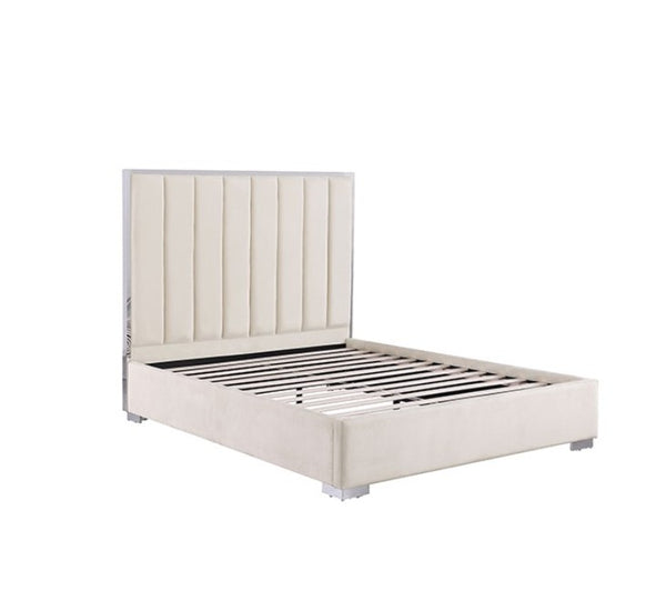Ashysko White Silver Fully Upholstered Bed An upholstered bed frame with a tall, vertically channel-tufted headboard and slatted base, shown on a plain white background.