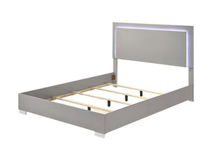 Asiko Modern Led Headboard Light Taupe Bed A modern platform bed frame in a matte gray finish with a matching headboard featuring integrated LED lighting, shown on a plain white background.